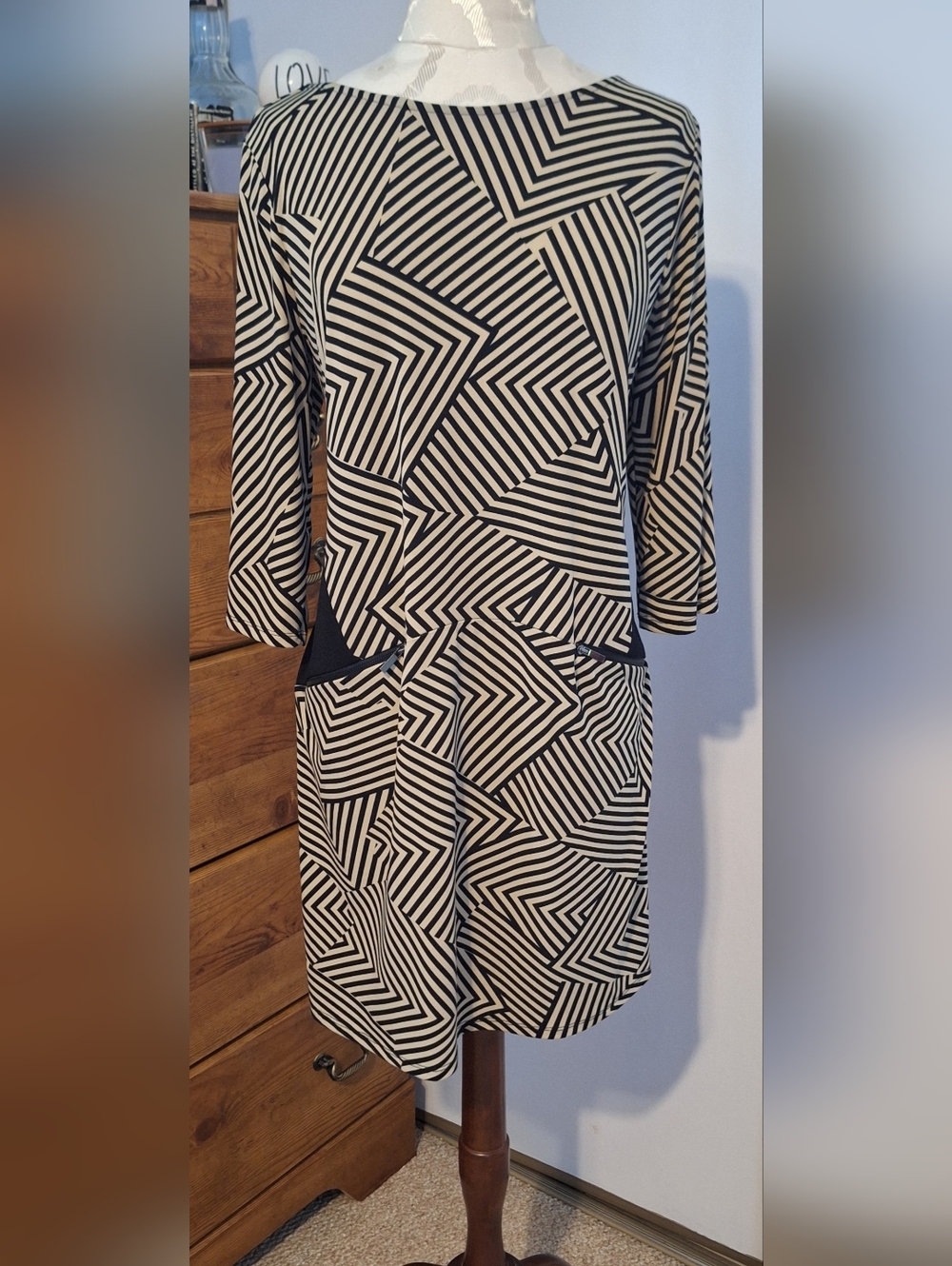 Alfani Black and Tan Mini Dress with Graphic Stripe Pattern